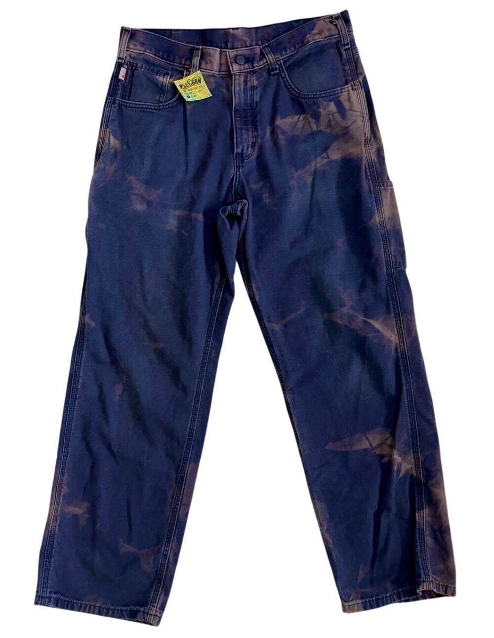 Bleach Dyed Carhartt FR Work Pants Reworked Shibori Blue Beige 32x30 Upcycled